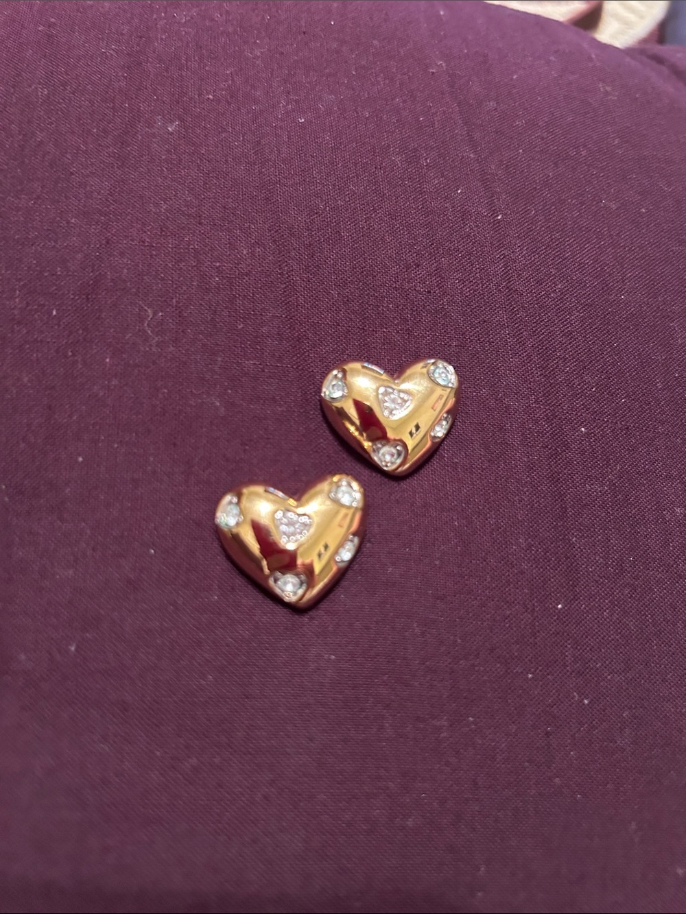 Vintage Gold Heart Stud Earrings with Crystal Accents - Women Jewelry